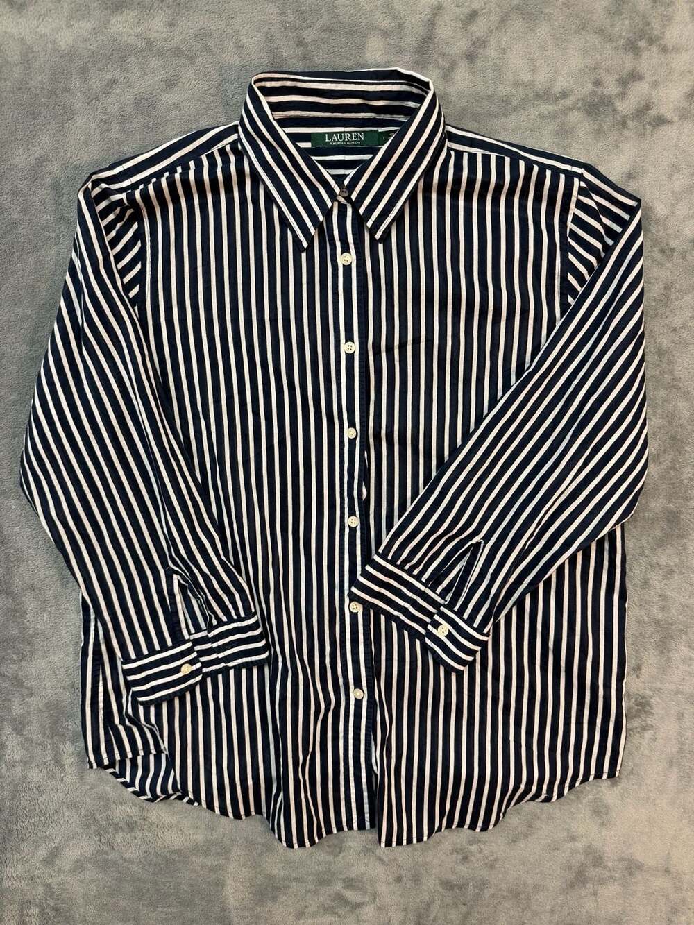 Lauren Ralph Lauren Women's Navy White Striped sheer Cotton Button-UpShirt Large
